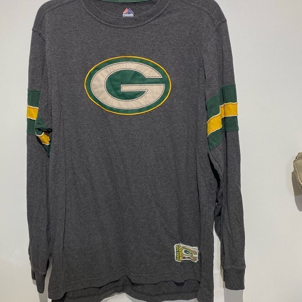 Vintage Majestic Men's Gray Green Bay Packers Patch Logo Long Sleeve T-Shirt Lar